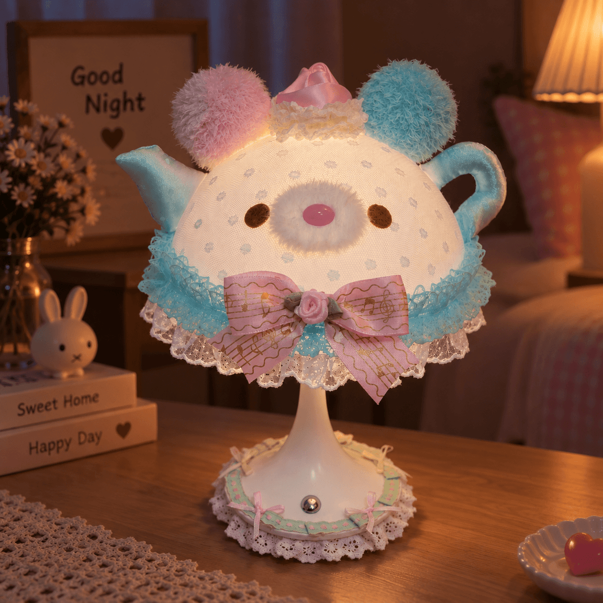 Cute Bear Teapot Night Light Table Lamp – Handmade Vintage-Style Decorative Lamp with Lovely Lace Details