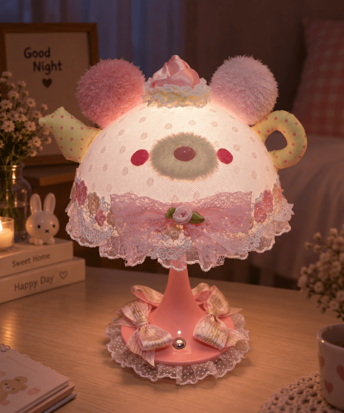 Cute Bear Teapot Night Light Table Lamp – Handmade Vintage-Style Decorative Lamp with Lovely Lace Details