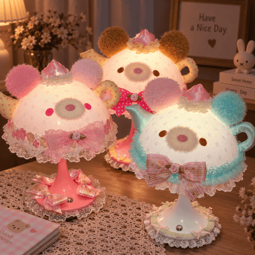 Cute Bear Teapot Night Light Table Lamp – Handmade Vintage-Style Decorative Lamp with Lovely Lace Details