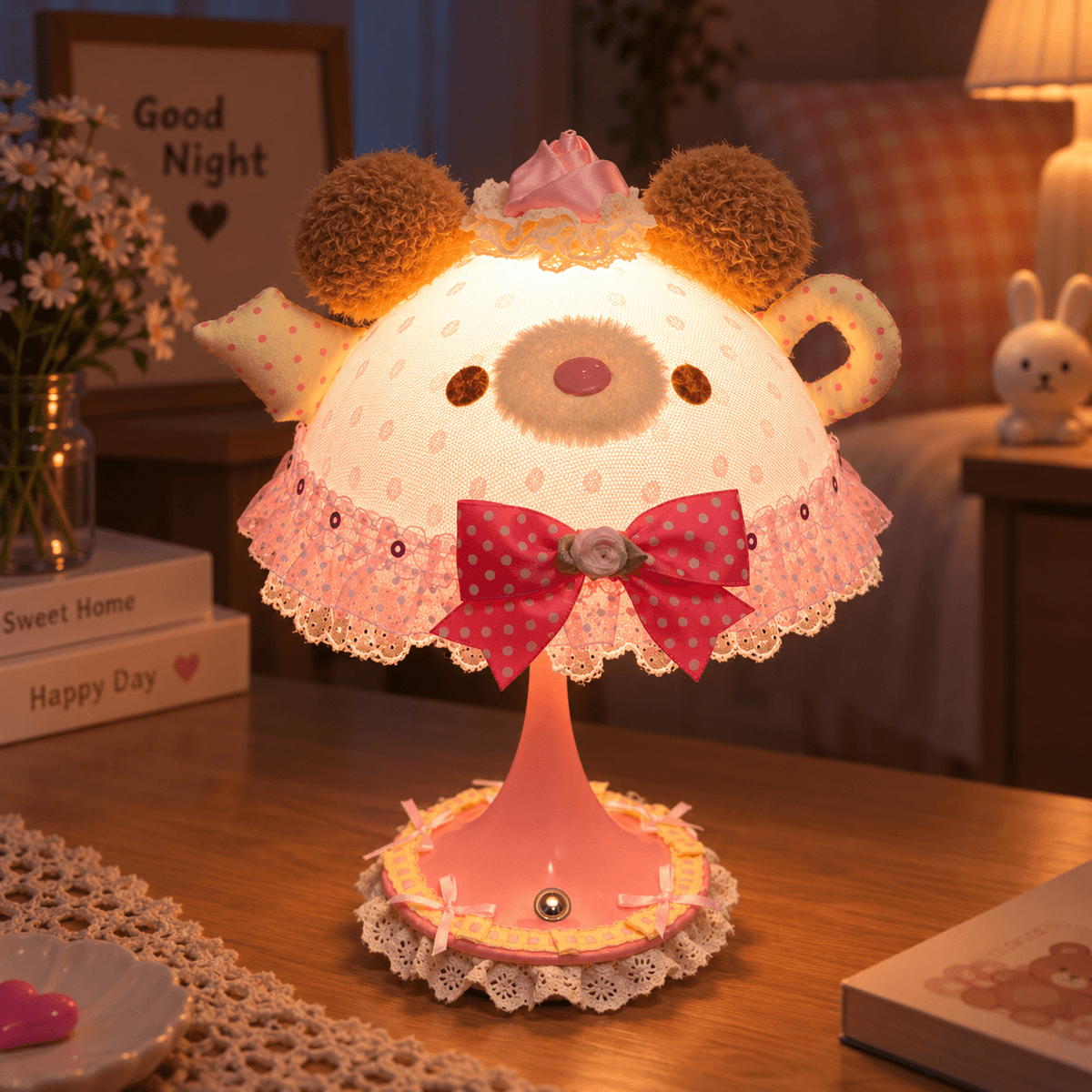 Cute Bear Teapot Night Light Table Lamp – Handmade Vintage-Style Decorative Lamp with Lovely Lace Details